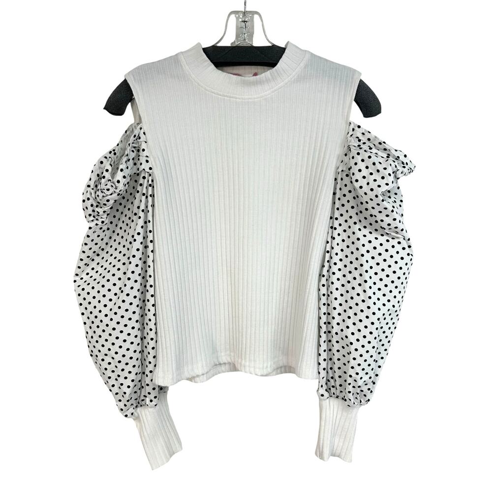 JJ's Fairyland White & Black Polka Dot Cold Shoulder Knit Top Womens Large
